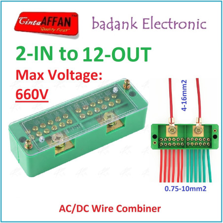 AC/DC Wire Combiner (2-IN to 12-OUT) Junction Box Solar Panel Surya